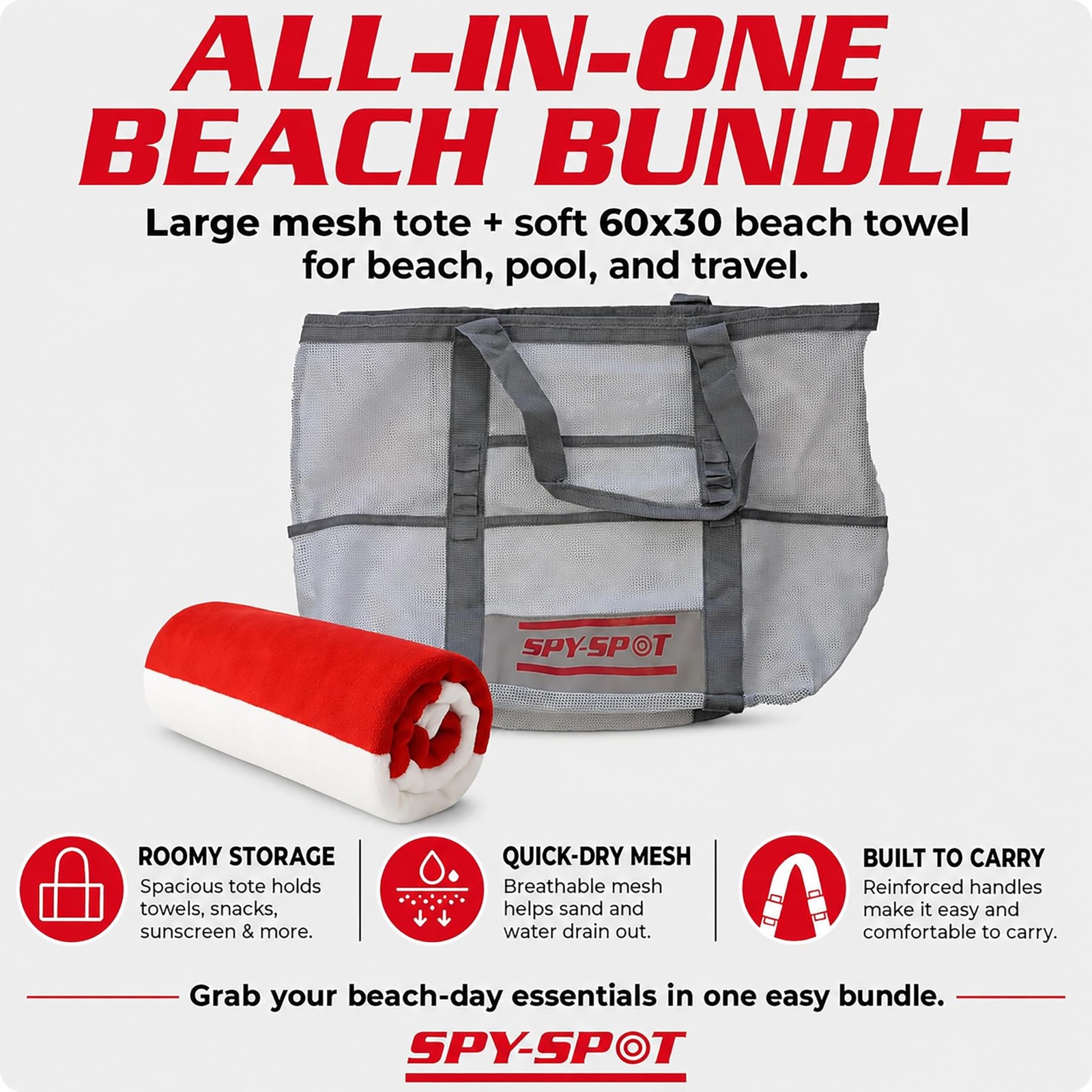 SPY SPOT Mesh Beach Tote Bag with 60×30 Towel Bundle, Large Quick-Dry Carryal…