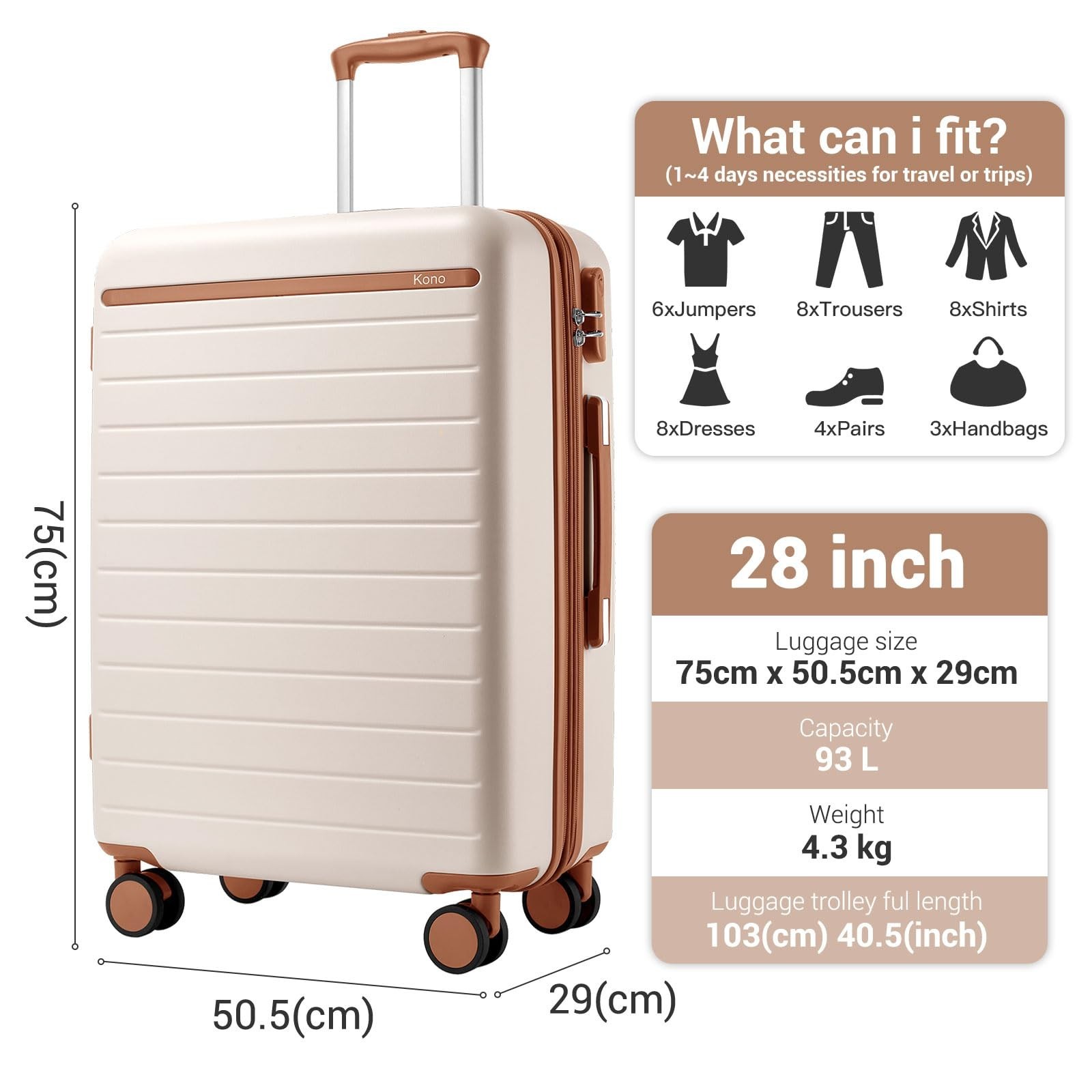 Kono 28 Inch Large Suitcase, Expandable for Long Trips, Impact-Resistant ABS+…