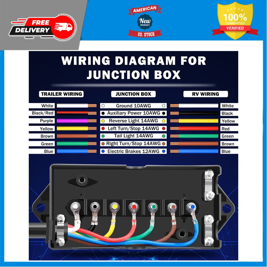 15ft 7 Way Trailer Wiring Harness Kit with Junction Box for RV and Camper