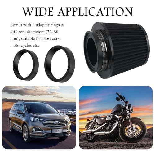 Cold Air Intake Filter with 76,89,102mm Adapter Ring,Round Cone Air Filter for