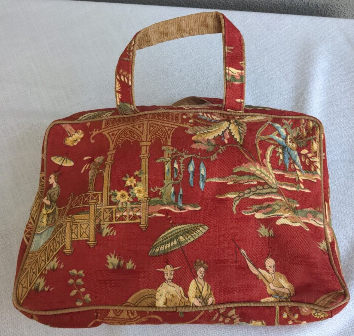 Modella 14″ Lrg Toiletry Travel Bag Organizer Red Gold Fabric Pagoda Asian Scene