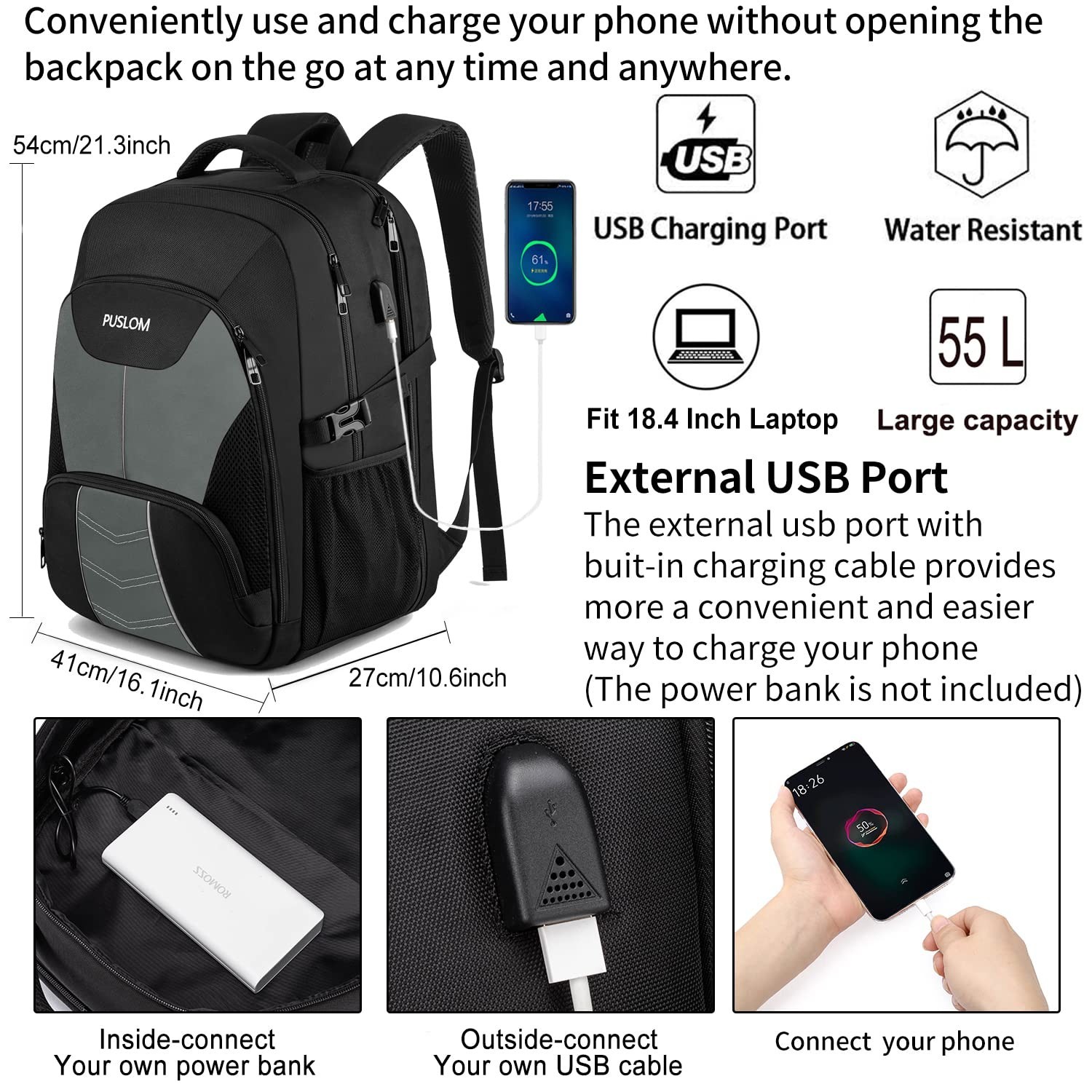 PUSLOM Extra Large Travel Laptop Backpack for Men 55L,Water Resistant 18.4 in…