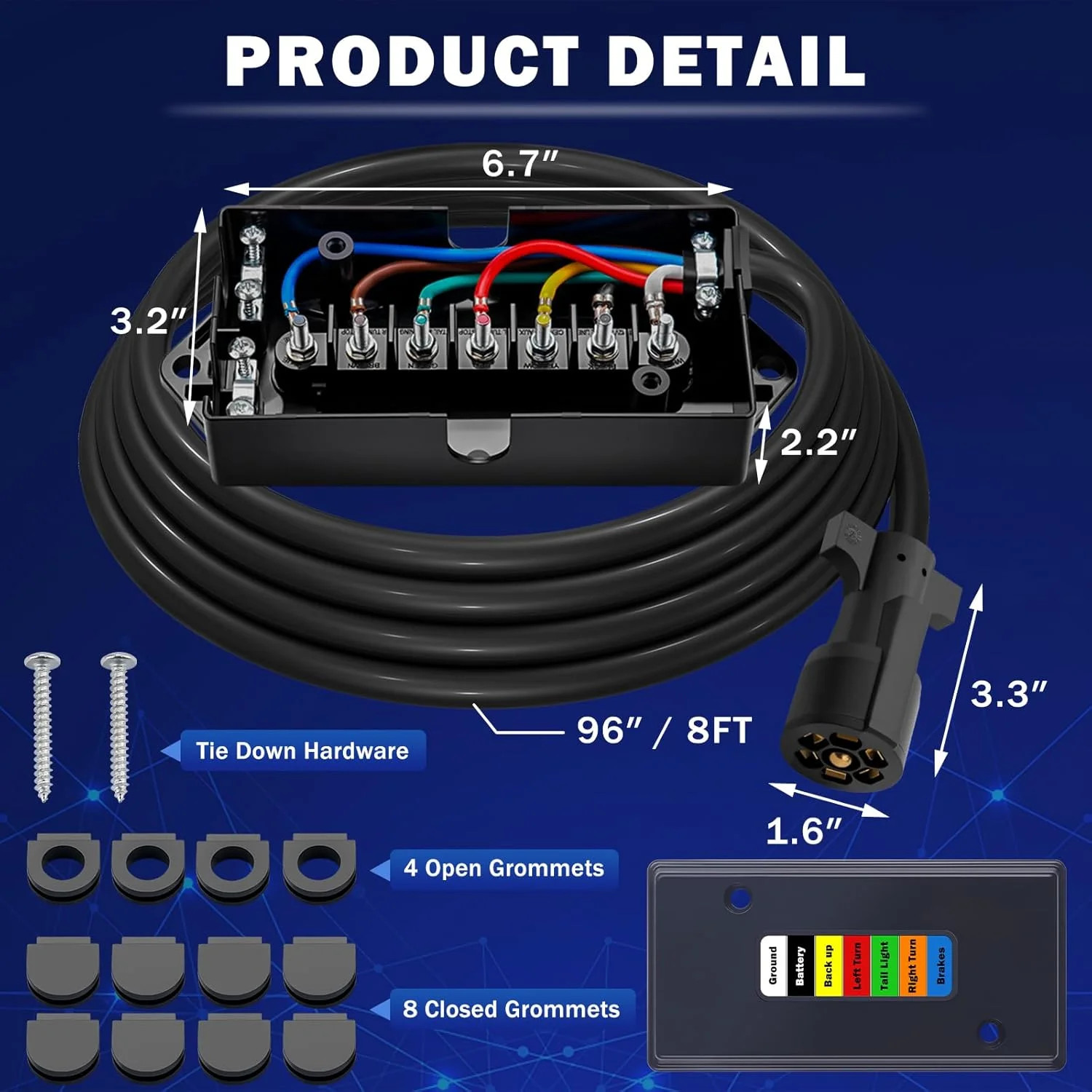 CheeMuii 7 Way Trailer Wiring Harness Kit 8 FT Trailer Cord with 7 Pin Trailer P