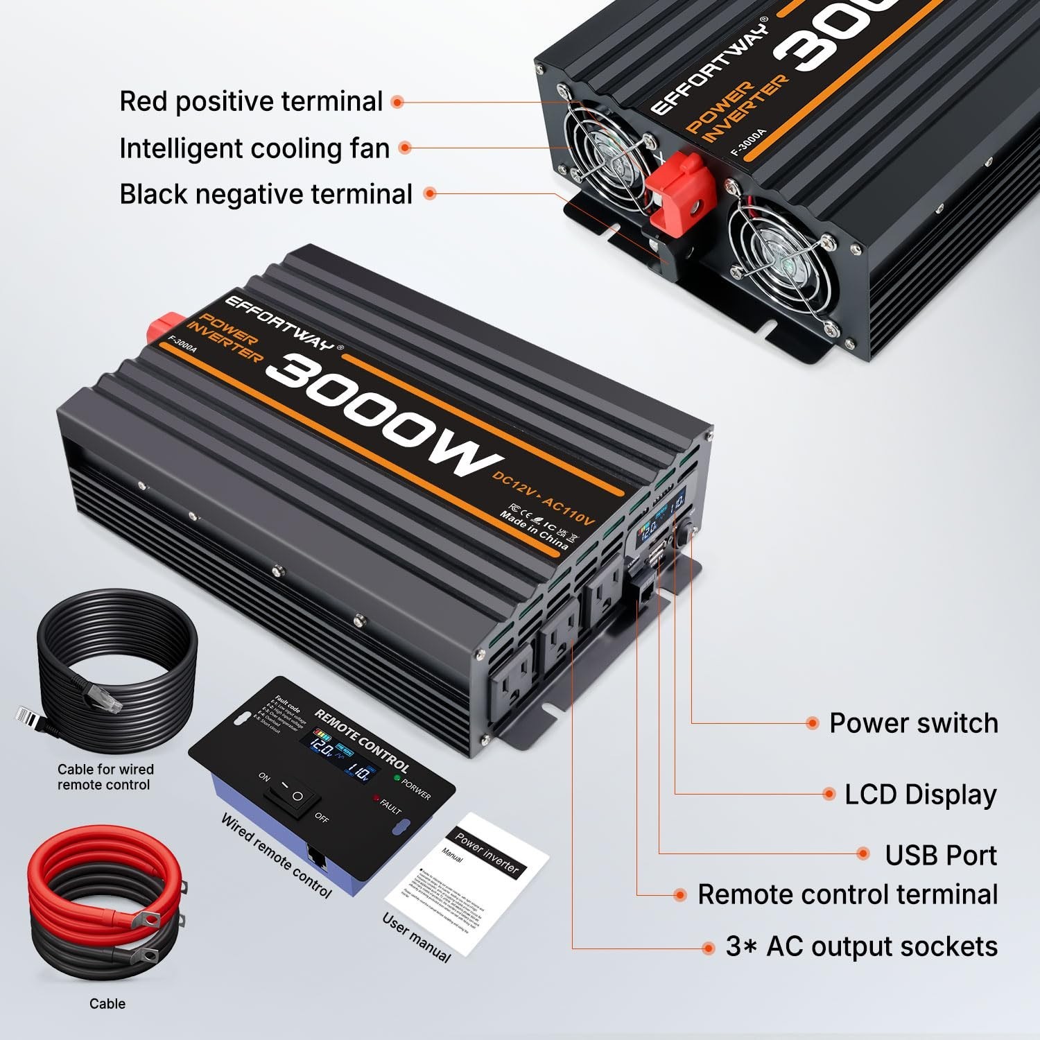 3000W Power Inverter, 12V DC to 110V/120V Modified Sine Wave Inverter with 3 …