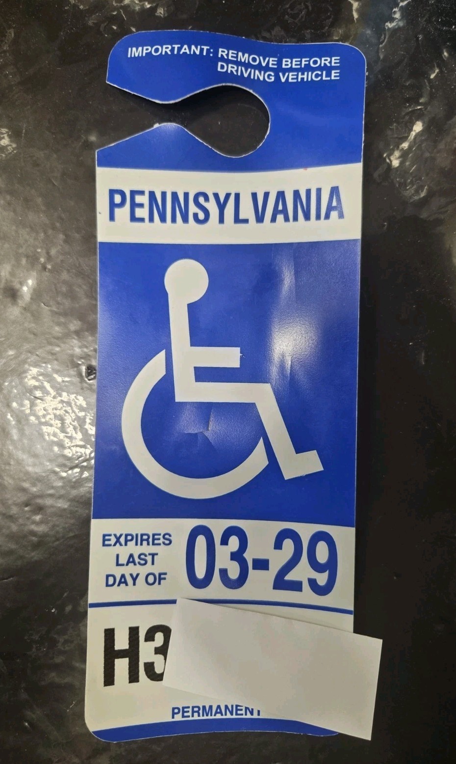 Pennsylvania PA Parking Permit Handicap Disabled Placard 03.2029