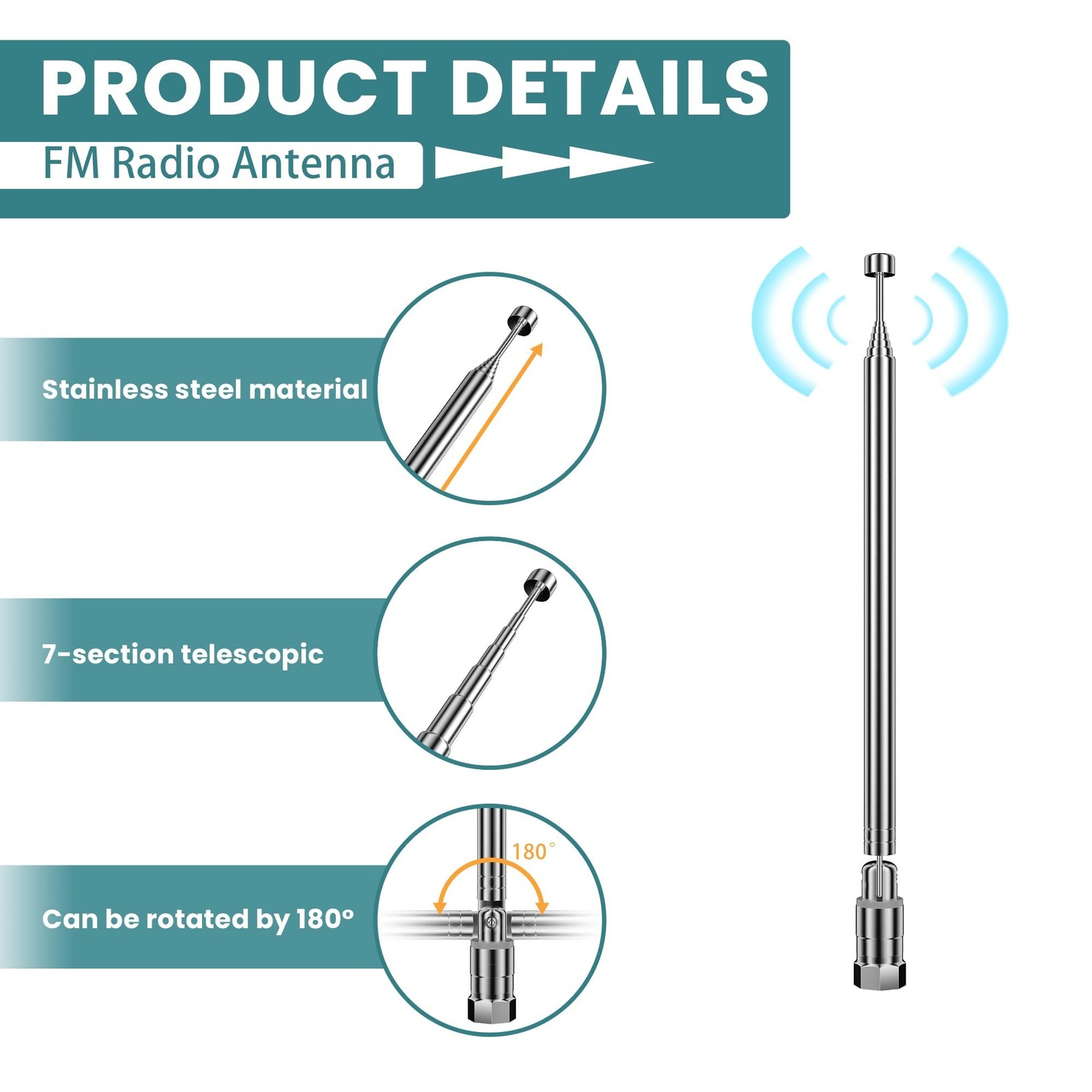 FM Radio Antenna, 75 ohm FM Telescopic Antenna, F Type Male FM Antenna with 3…