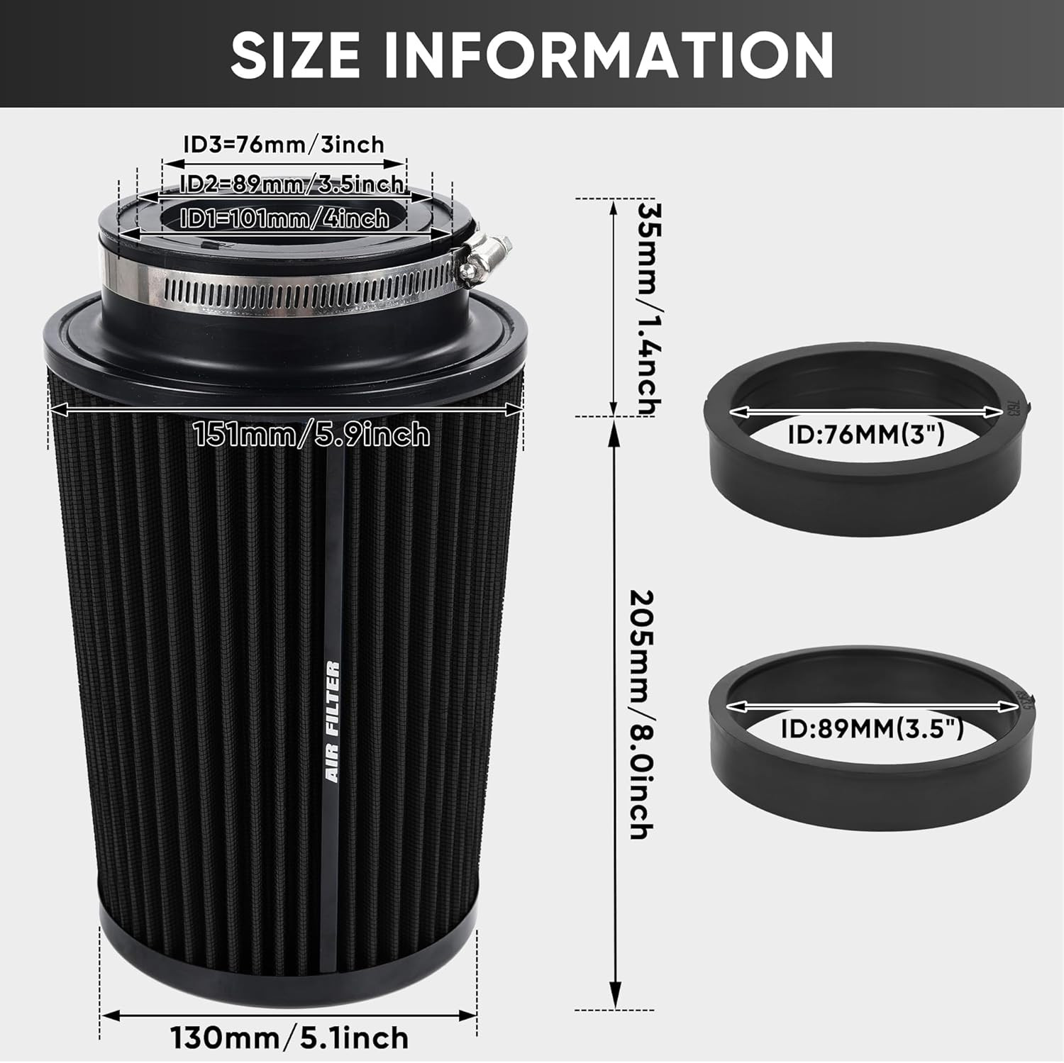3 3.5 4 Inch Cold Air Intake Filter 76Mm 89Mm 101Mm High Performance Washable 3