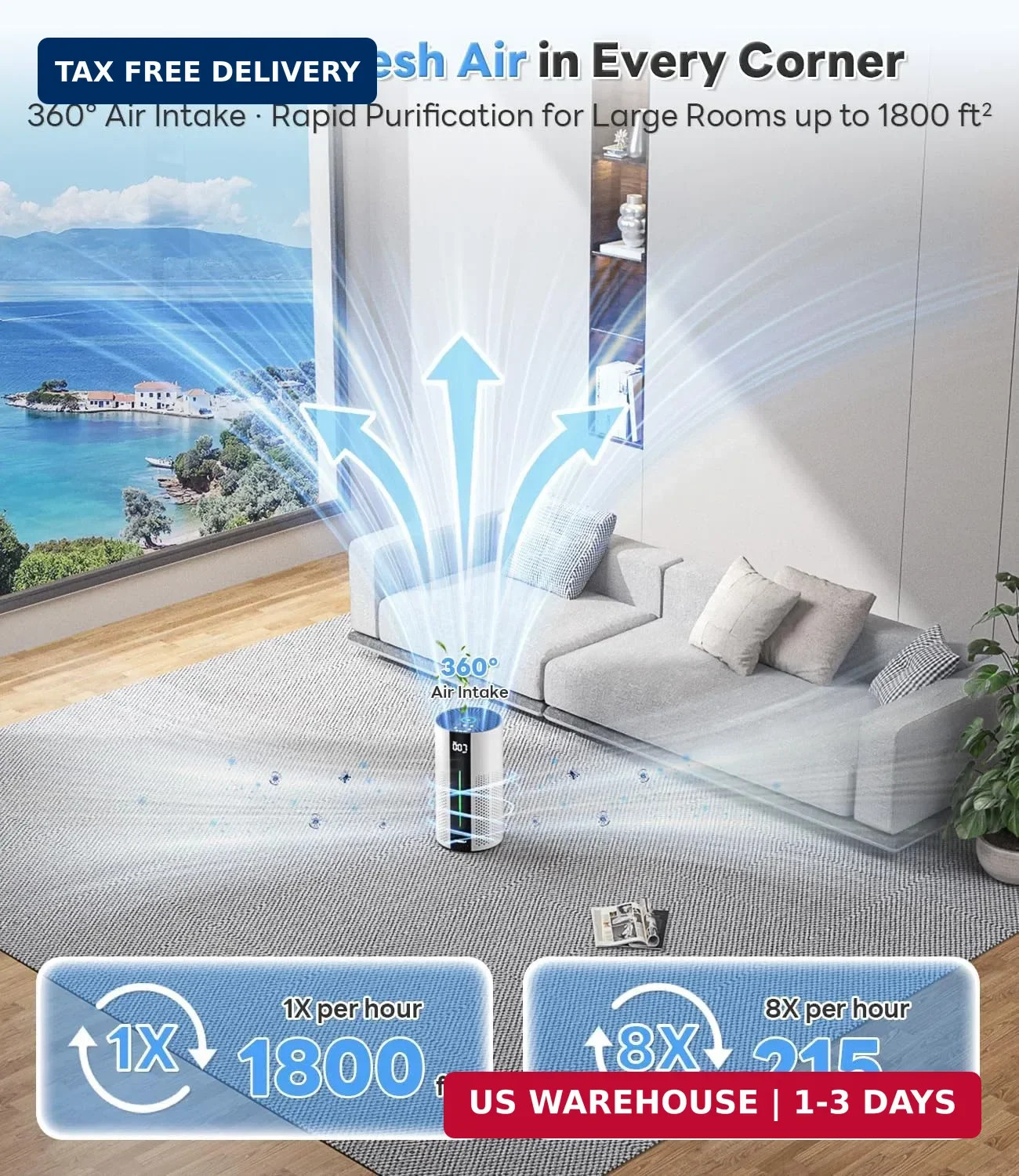 ECOSELF Air Purifiers for Home Large Room up to 1800 Ft², Air Purifiers for Bedr
