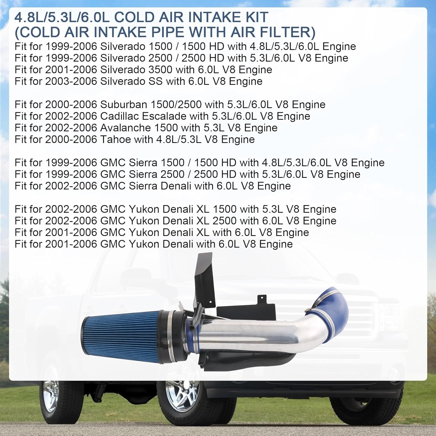 4 inch Cold Air Intake Kit with Heat Shield Replacement For Silverado 1500 2500