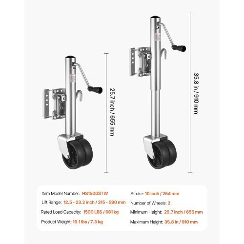 Trailer Jack with Wheel, 1500 lbs Load Capacity, Heavy Duty Swivel Boat Trailer