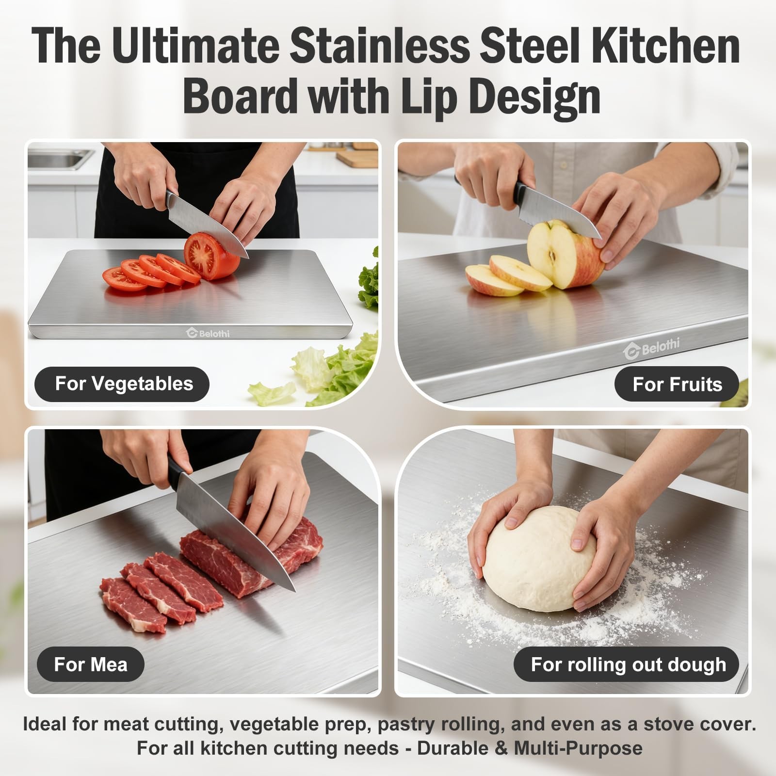 Stainless Steel Cutting Board with Lip, Large Metal Chopping Board with Count…