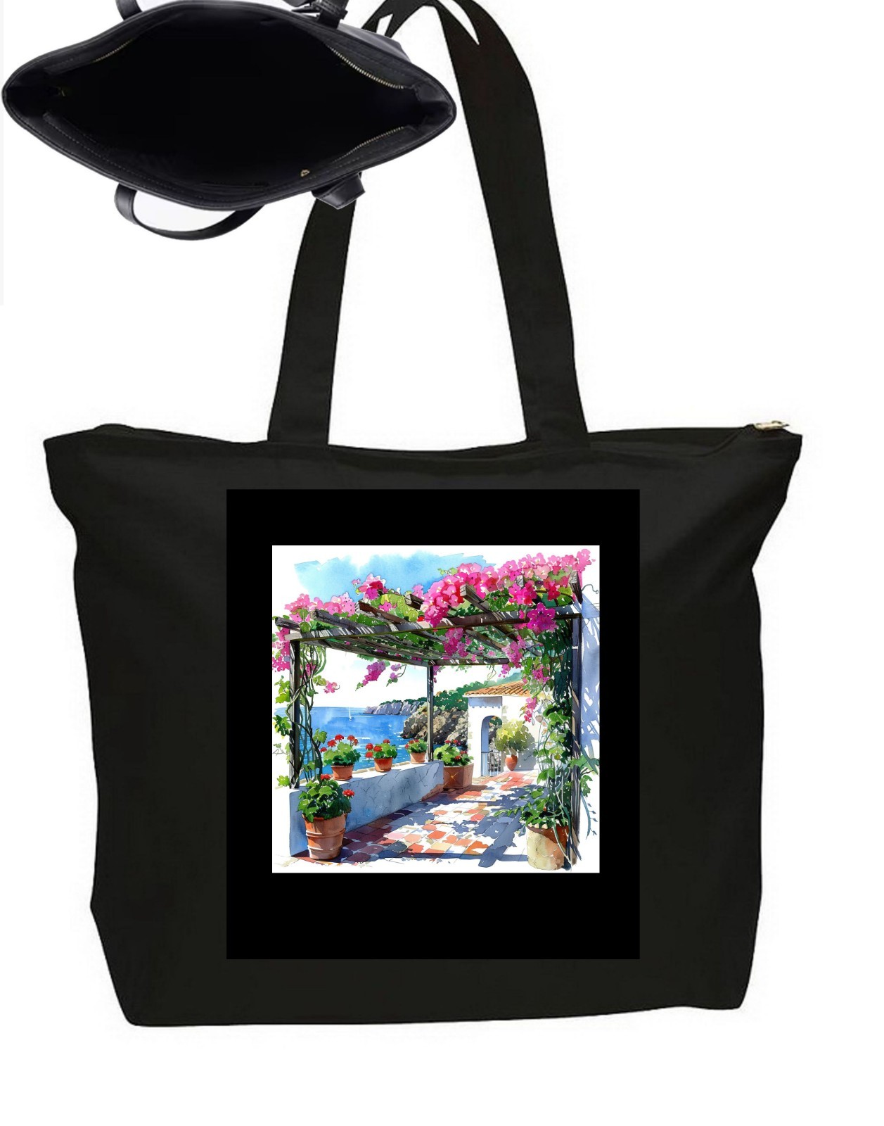 Mediterraneum Greece Santorini Tote Bag Zipper Closure Travel Poster Art 20″