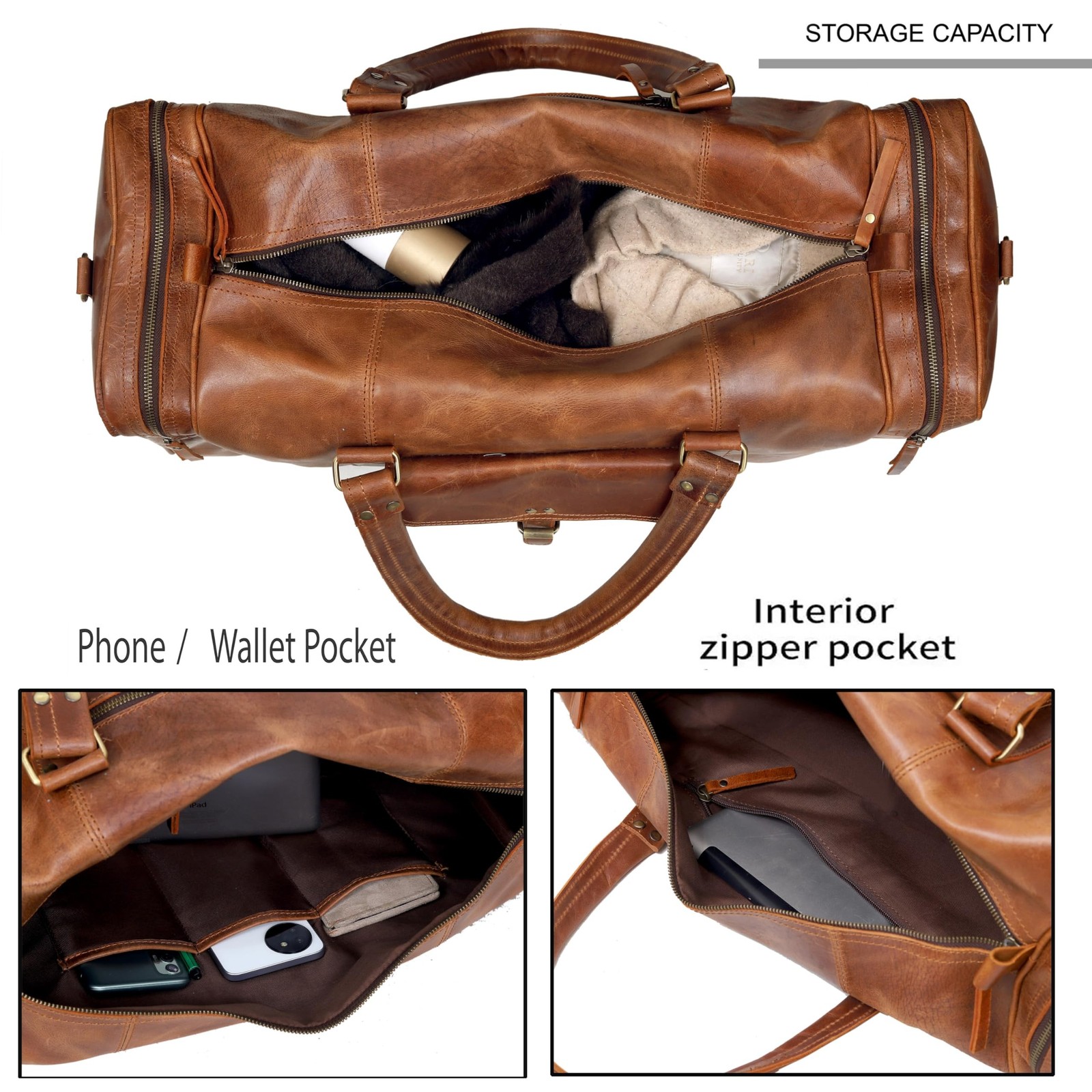 Leather Duffel Bag for Men & Women, Genuine Weekender Travel Bag, Handmade Ov…