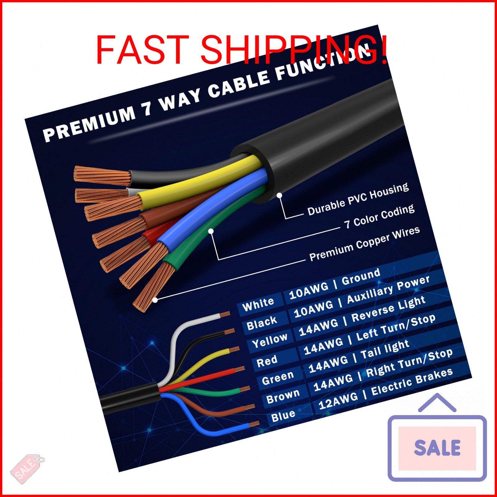CheeMuii 7 Way Trailer Wiring Harness Kit 8 FT Trailer Cord with 7 Pin Trailer P