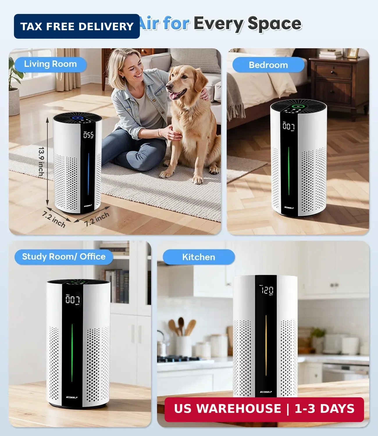 ECOSELF Air Purifiers for Home Large Room up to 1800 Ft², Air Purifiers for Bedr