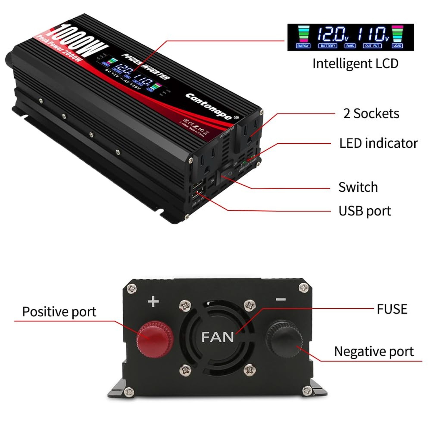 1000 Watt Car Power Inverter DC 12V to 110V/120V AC Converter with LCD Displa…