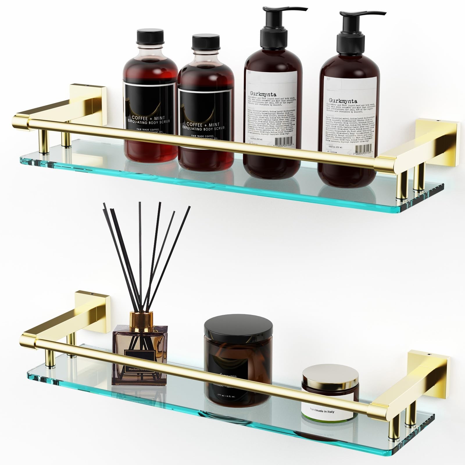 Glass Shelf for Bathroom, 20 Inch Tempered Glass with Brushed Gold Stainless …