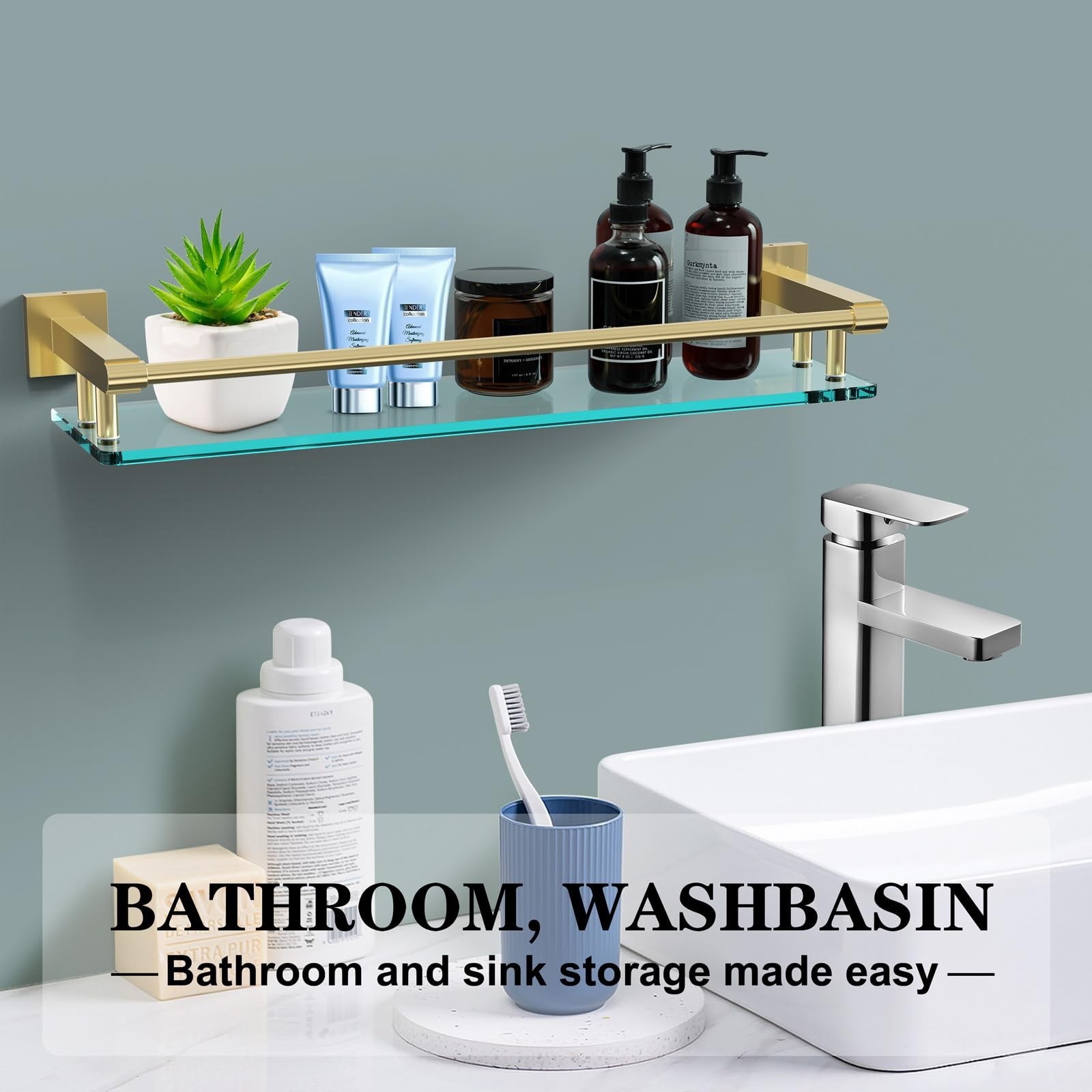Glass Shelf for Bathroom, 20 Inch Tempered Glass with Brushed Gold Stainless …