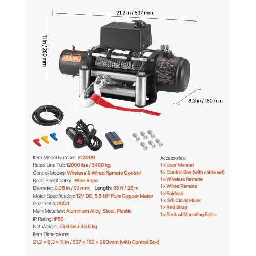 Electric Winch, 12000 lbs Load Capacity, 12V DC Truck Winch with ?&brvbar;7/20 i