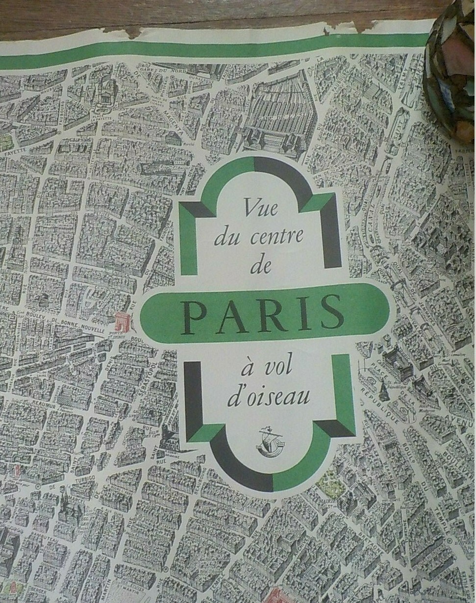 2 Vintage Original Paris France POSTER Aerial View Map 1958 Tourism Travel