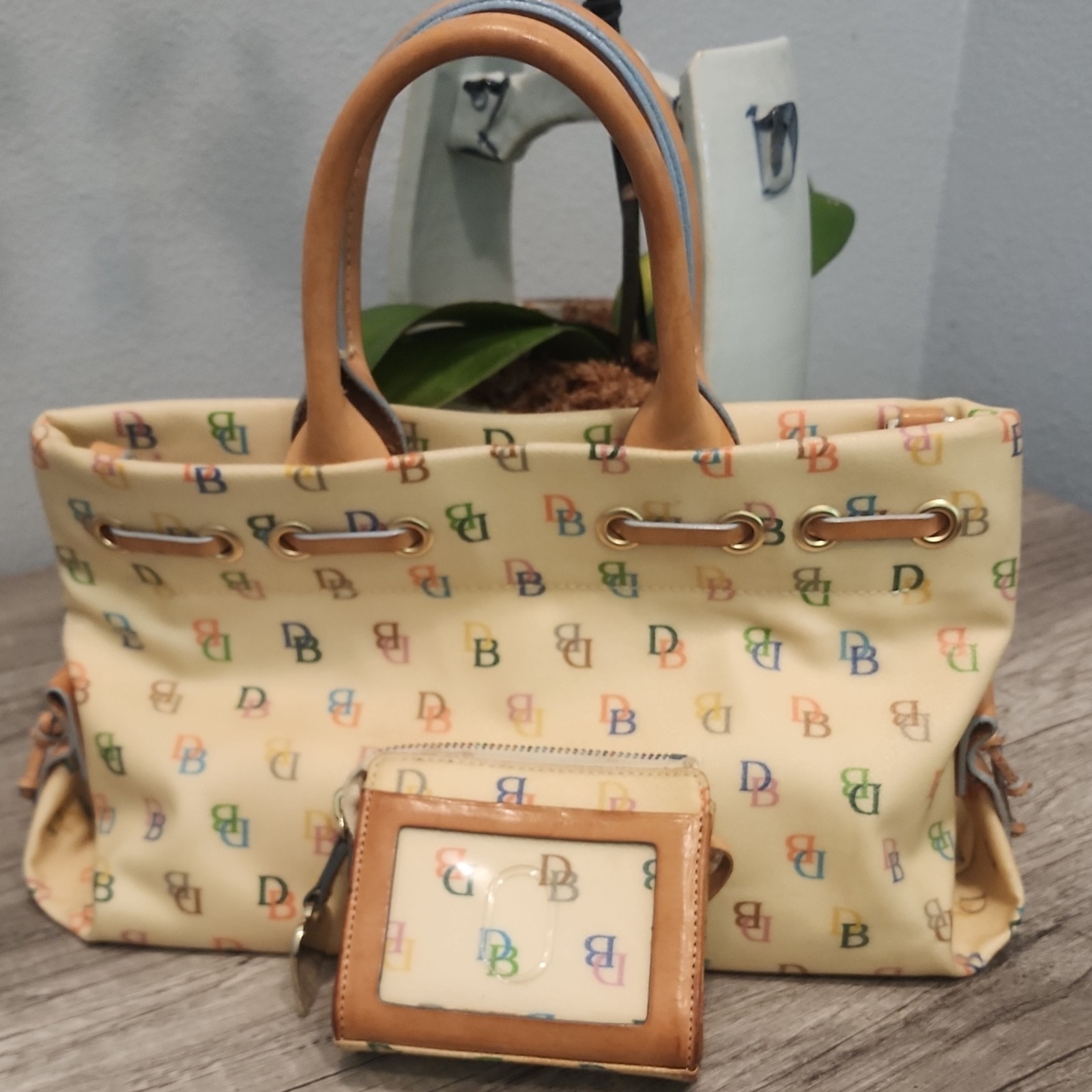 Dooney & Bourke Monogram Satchel Cream Multicolor Strap & matching coin wallet