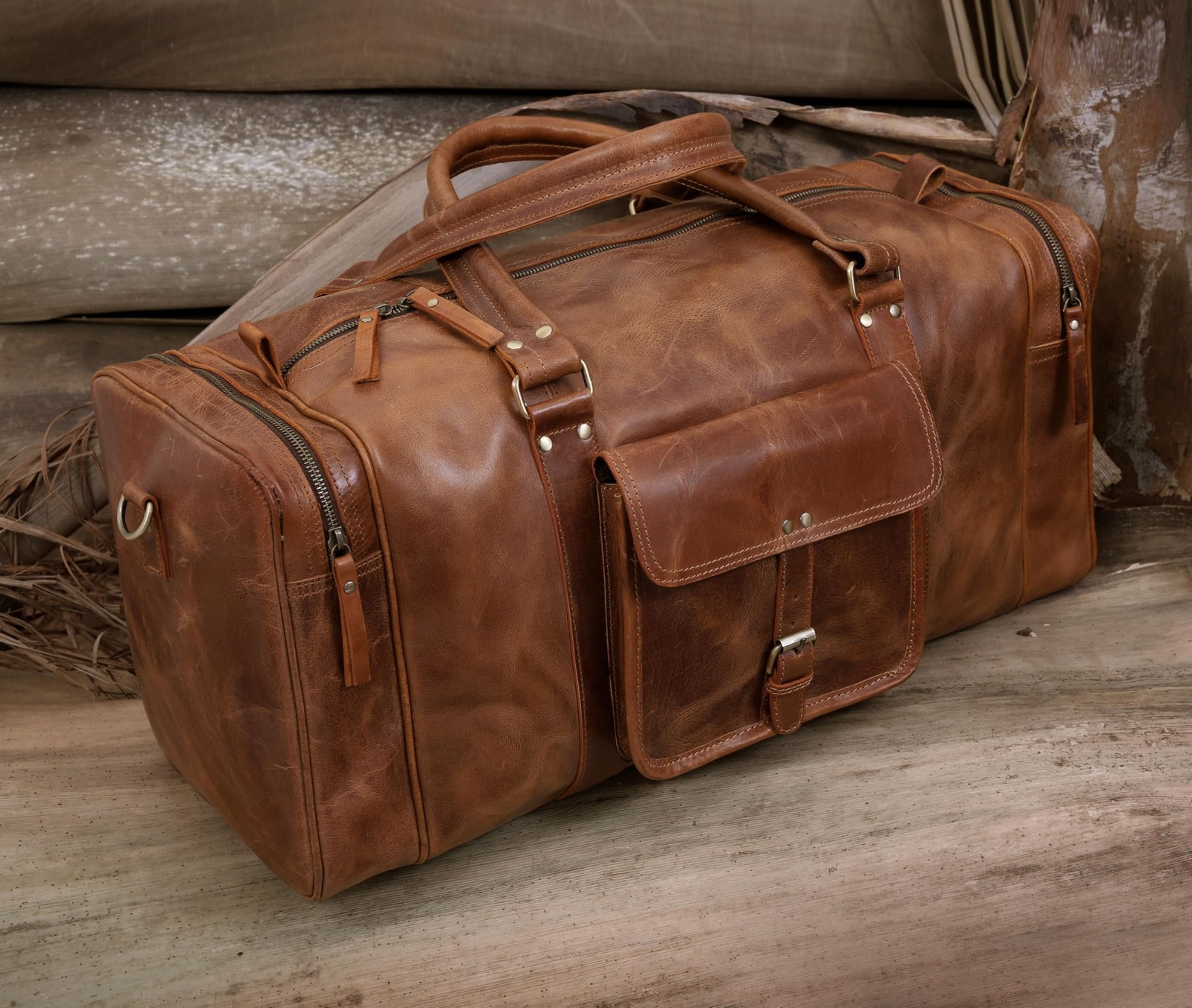 Leather Duffel Bag for Men & Women, Genuine Weekender Travel Bag, Handmade Ov…