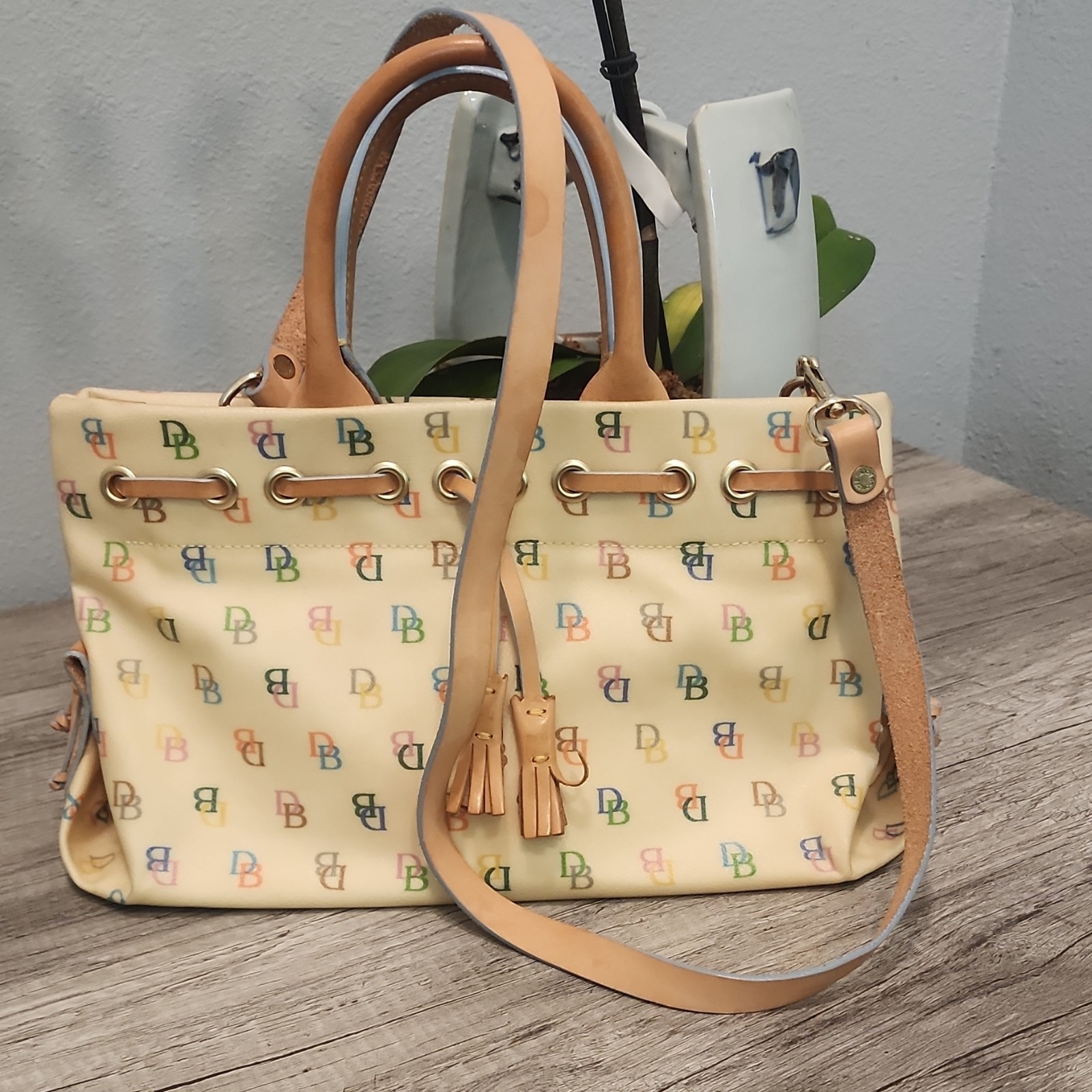 Dooney & Bourke Monogram Satchel Cream Multicolor Strap & matching coin wallet