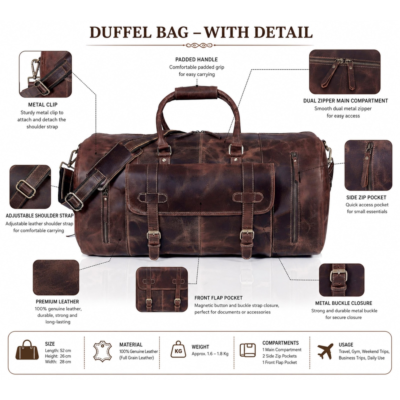 20 Inch Leather Duffel Bags for Men and Women Full Grain Leather Travel Overn…