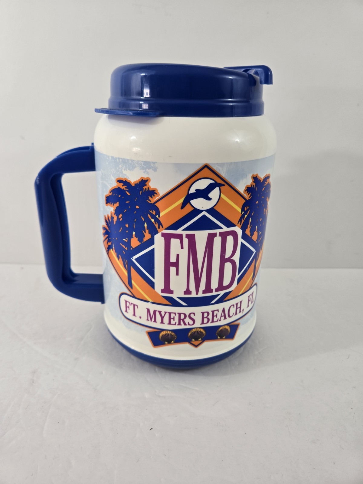 Whirley Travel Mug Cup Fort Myers Beach FLORIDA 44oz Blue Orange Palm Tree Shell