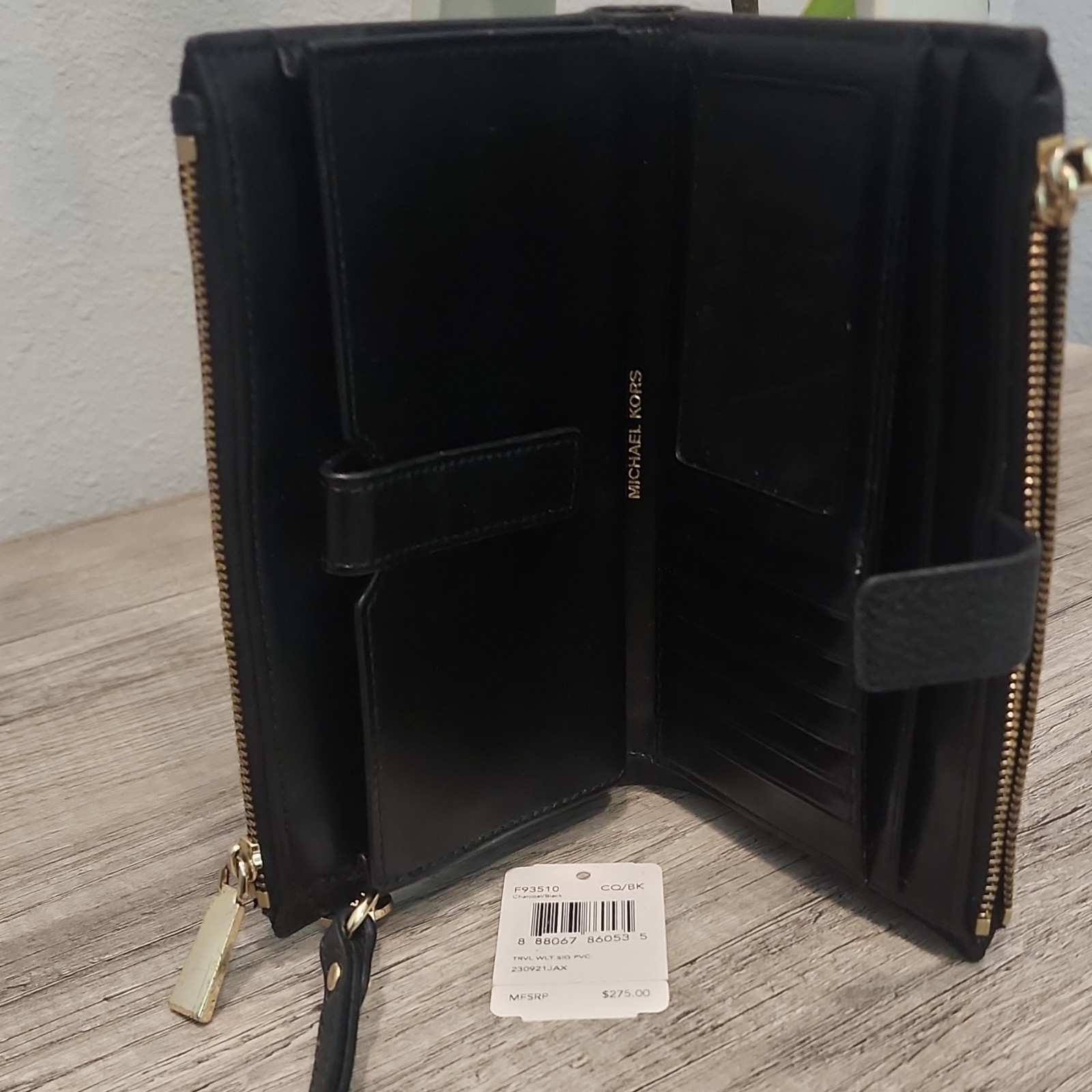 Michael Kors Black Wristlet Wallet Gold Hardware Multiple Card Slots Logo