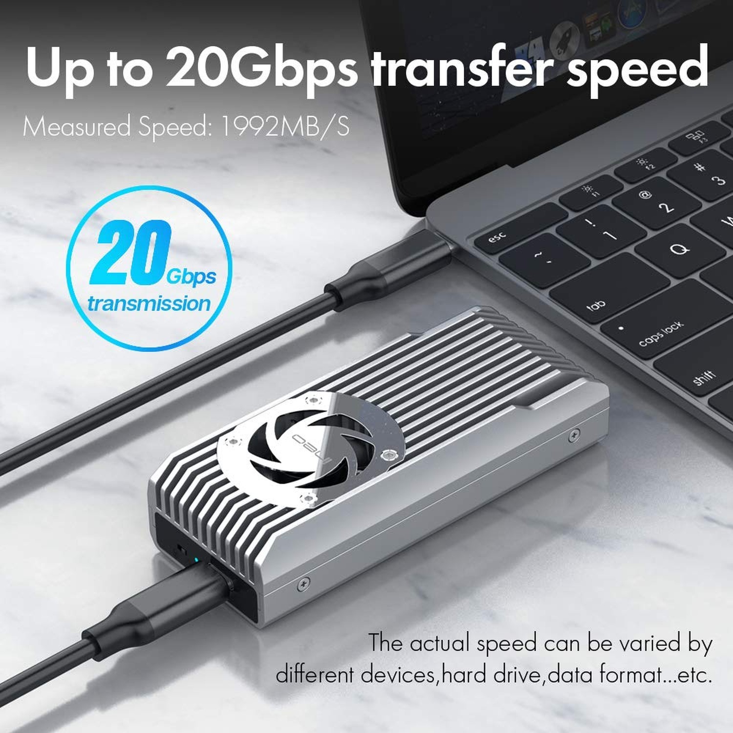 ineo M.2 NVMe 20G USB 3.2 Gen 2×2 Type-C to NVMe PCIe M-Key SSD Enclosure wit…