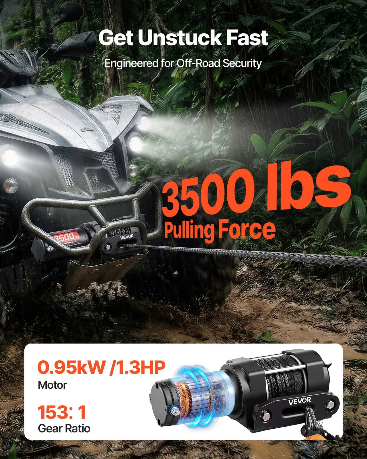 3500 lbs Electric Winch, 12V DC ATV/UTV Winch with ?&brvbar;0.21 in x 32.8 ft Sy