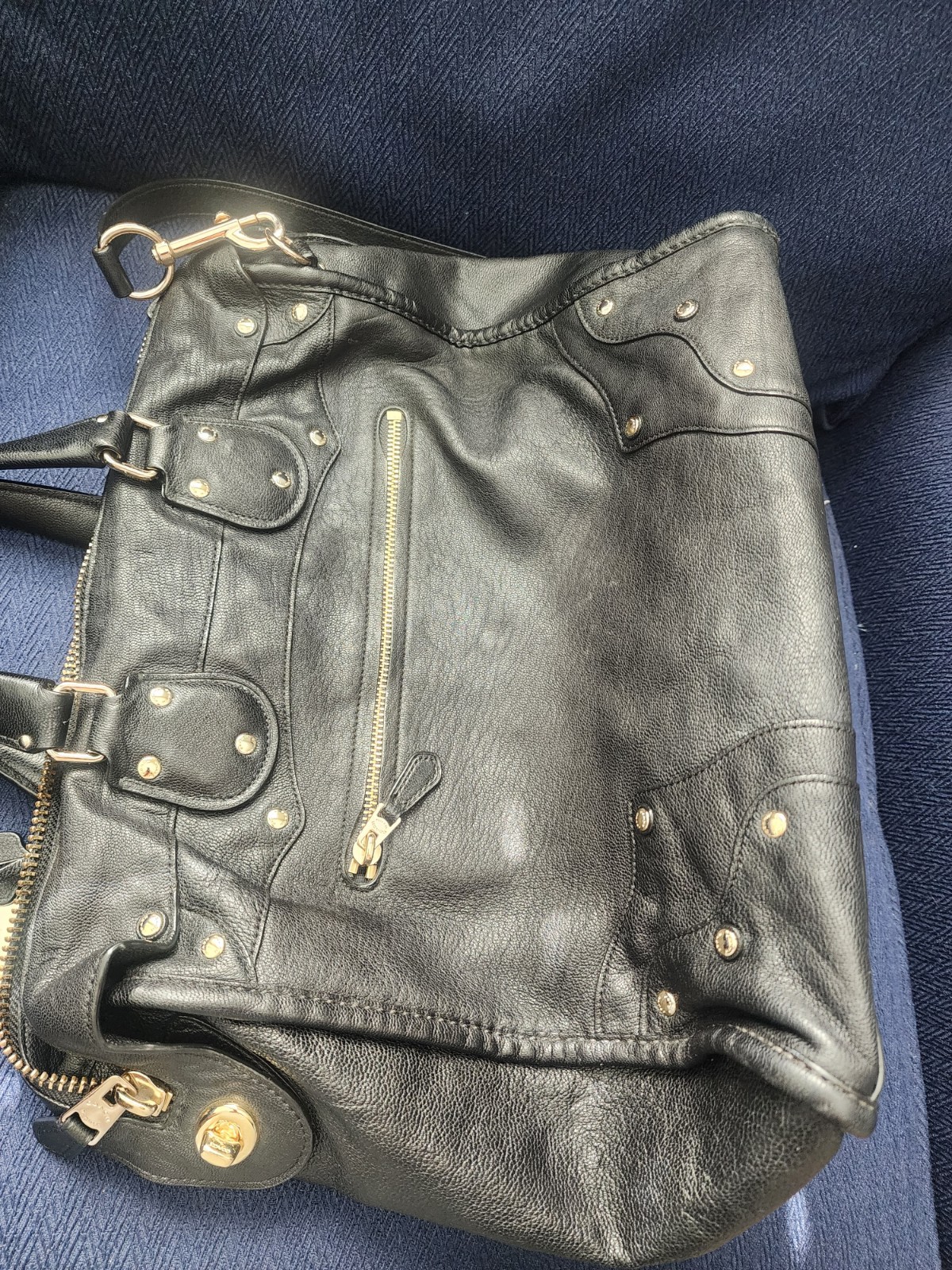 Coach Black Satchel Top Handle Gold Hardware Studded Accents Detachable Strap