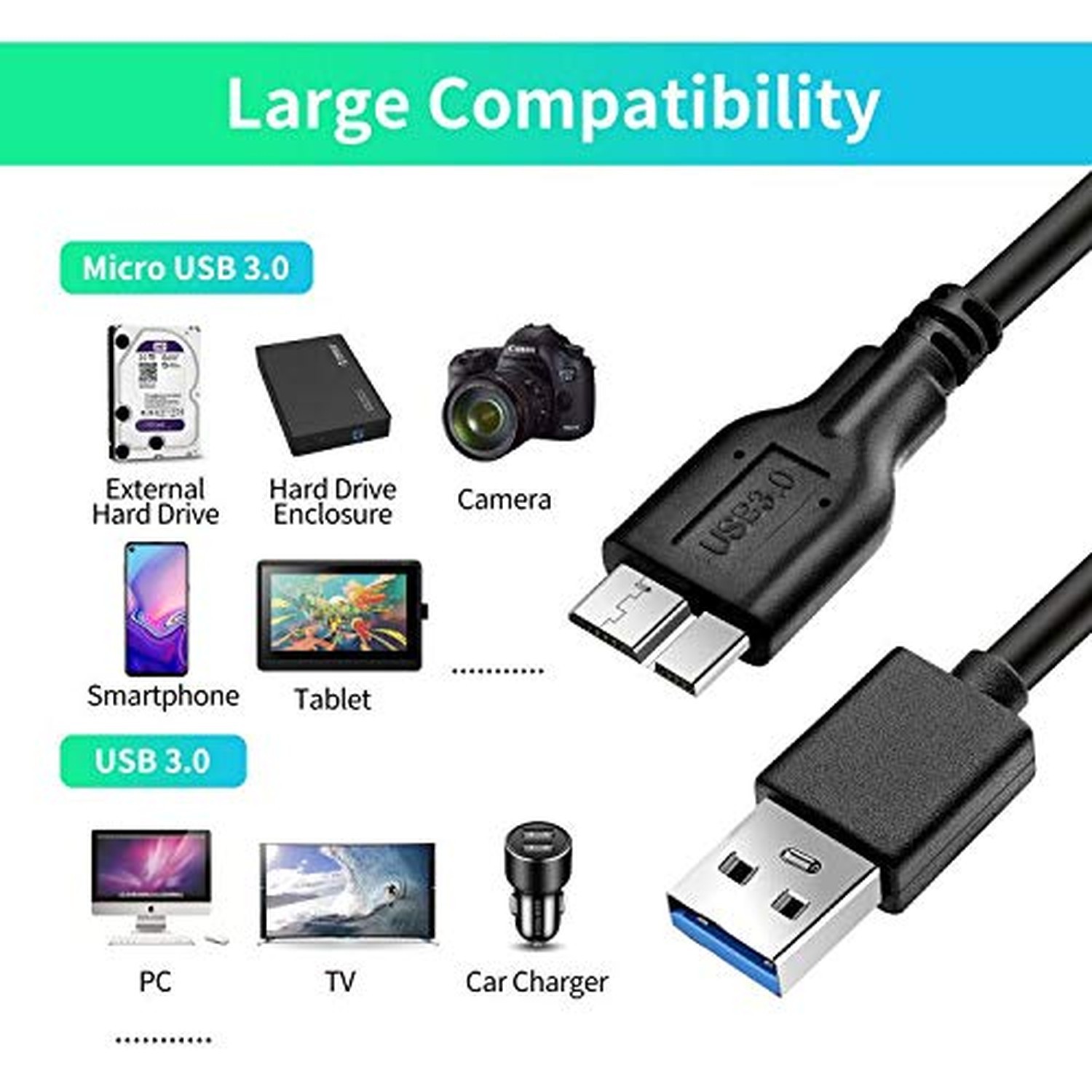 Micro B Cable, USB 3.0 A Male to Micro USB 3.0 Sync Cord,Data Wire for Toshib…