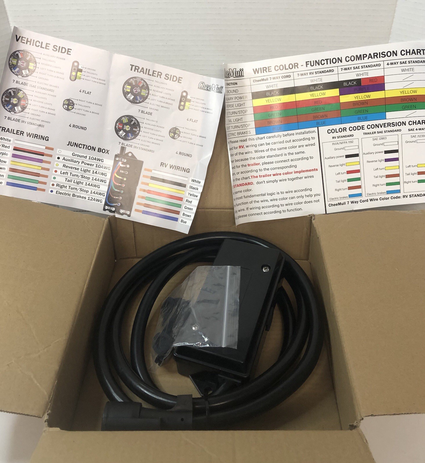 CheeMuii 7-Way Trailer Wiring Harness 8 Foot Cord w/7-Pin Plug & Junction Box RV