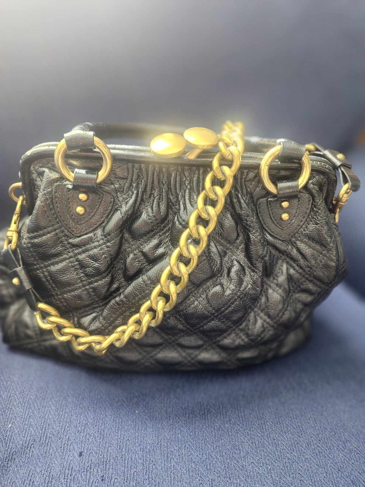 Marc Jacobs Black Quilted Satchel Gold Chain Hardware Designer Top Handle Italy