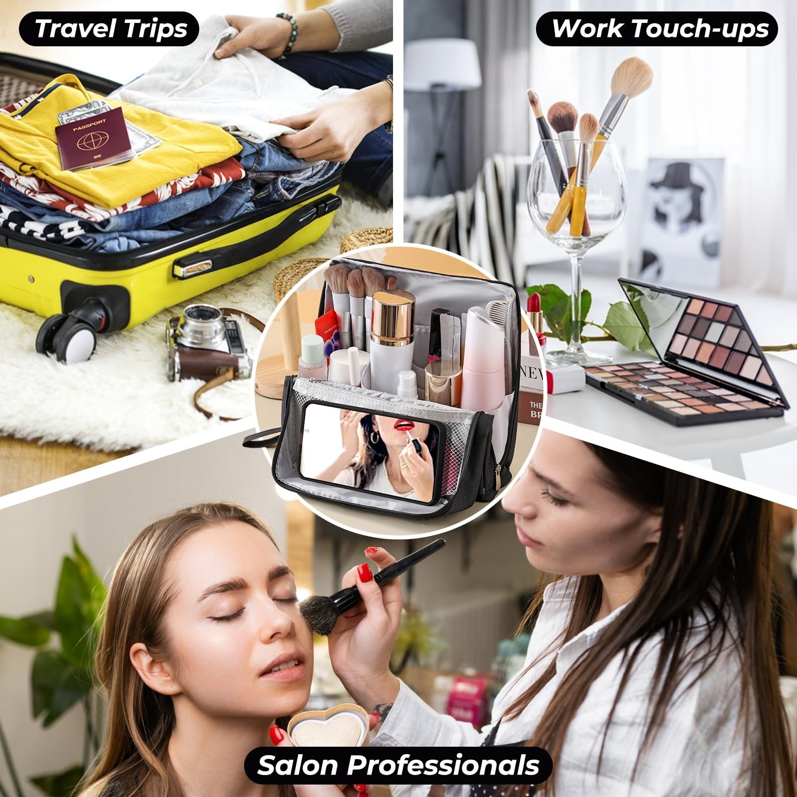 Standing Makeup Bag Organizer with 6 Brush Guards, Large Portable Makeup Orga…