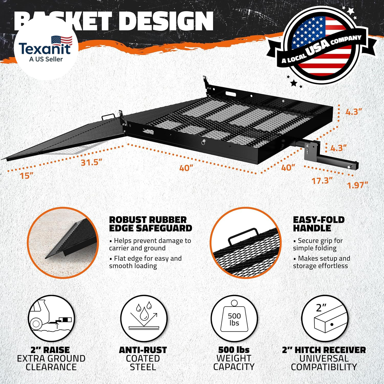 40″X40″X4″ Square Trailer Hitch Cargo Carrier with Ramp | 500Lbs Cap Steel Scoot