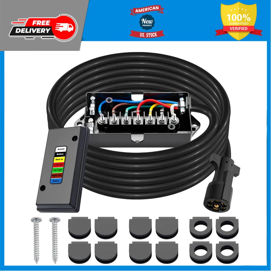 15ft 7 Way Trailer Wiring Harness Kit with Junction Box for RV and Camper