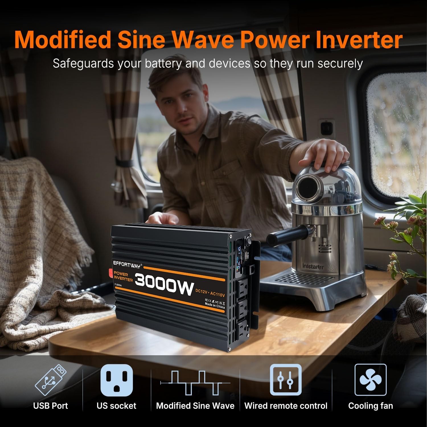 3000W Power Inverter, 12V DC to 110V/120V Modified Sine Wave Inverter with 3 …