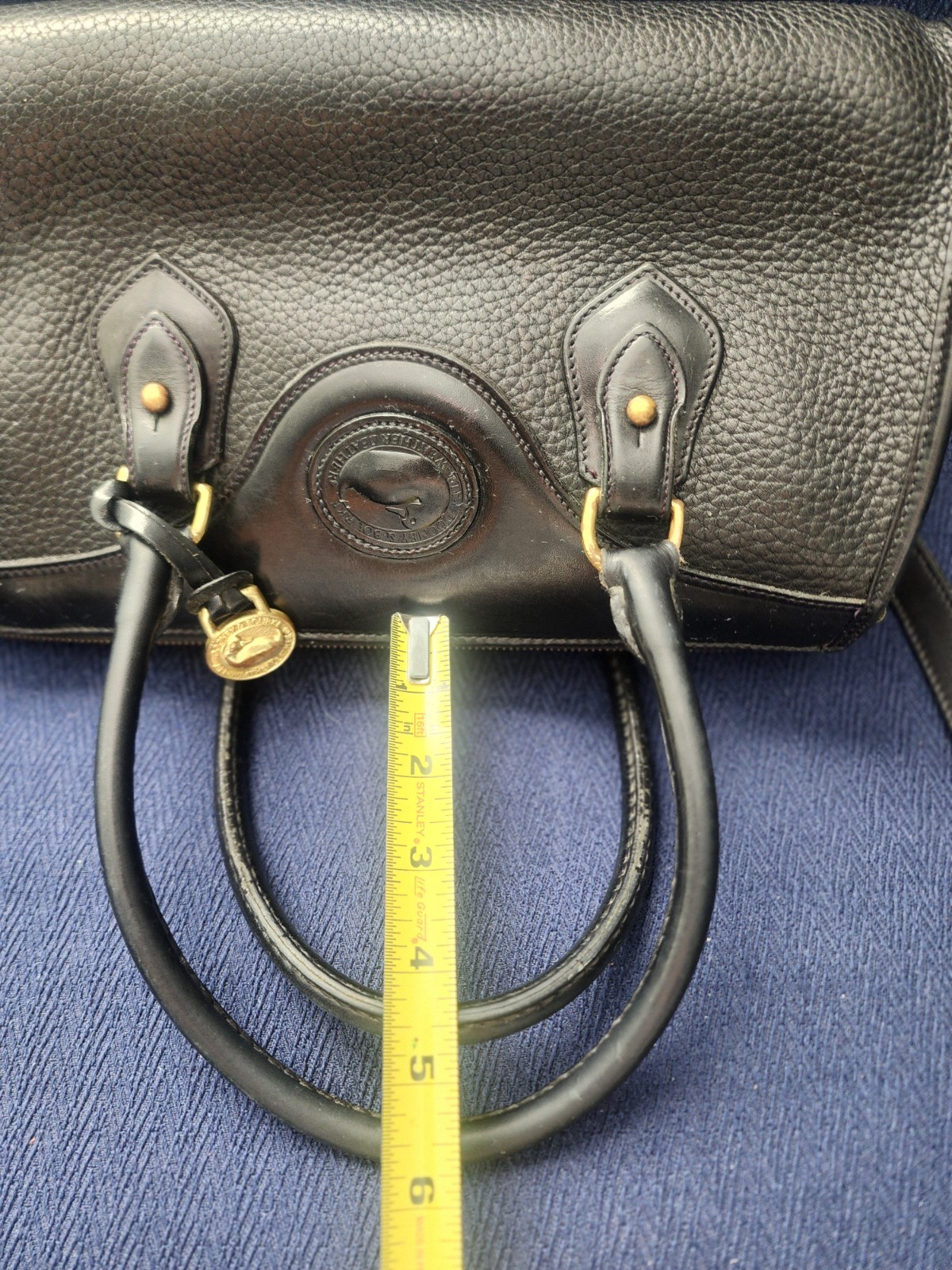 Dooney & Bourke Black Pebbled Satchel Bag with Detachable Strap, Zipper, Logo