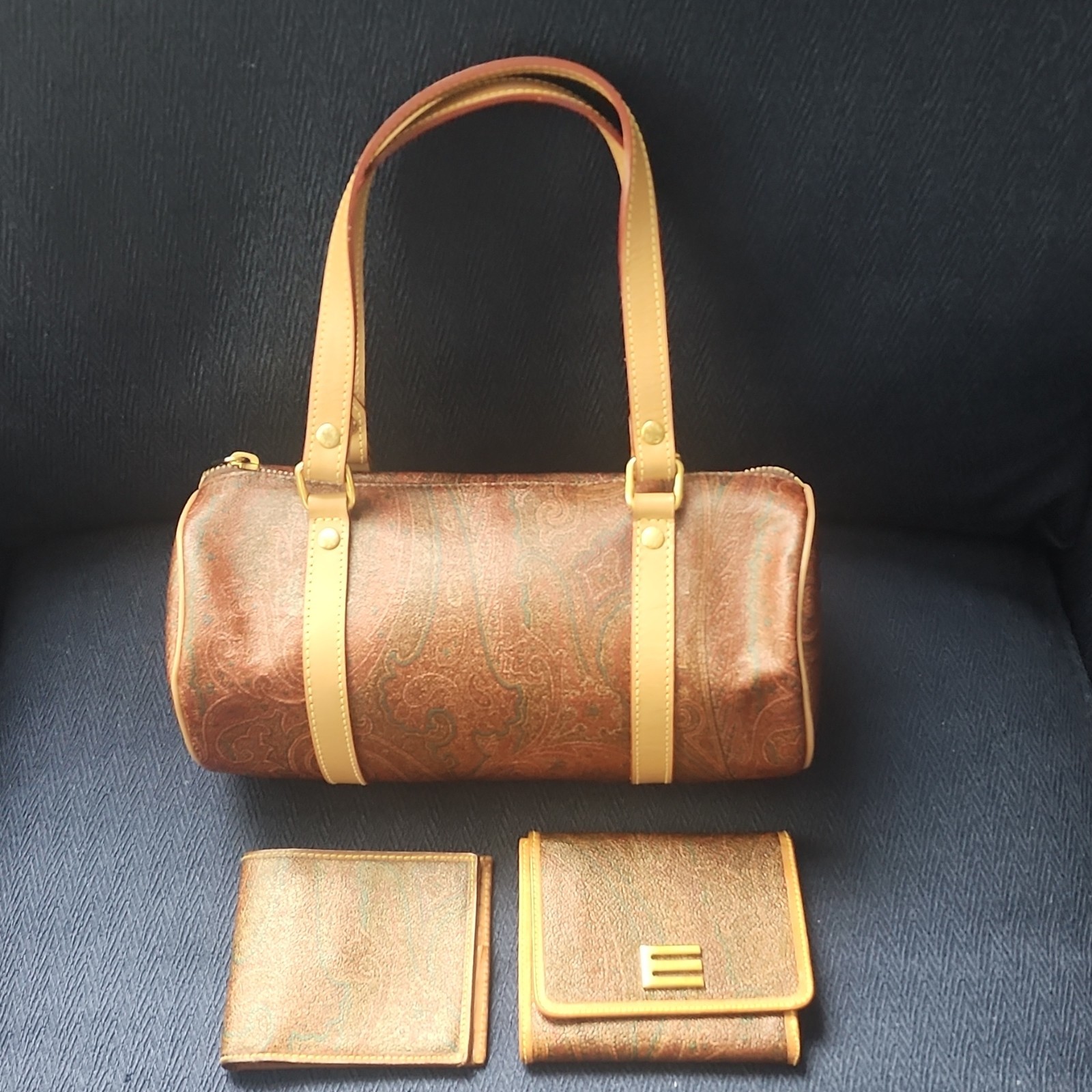 ETRO Brown Paisley Women’s Cylinder Satchel Top Handle Bag with 2 Wallet