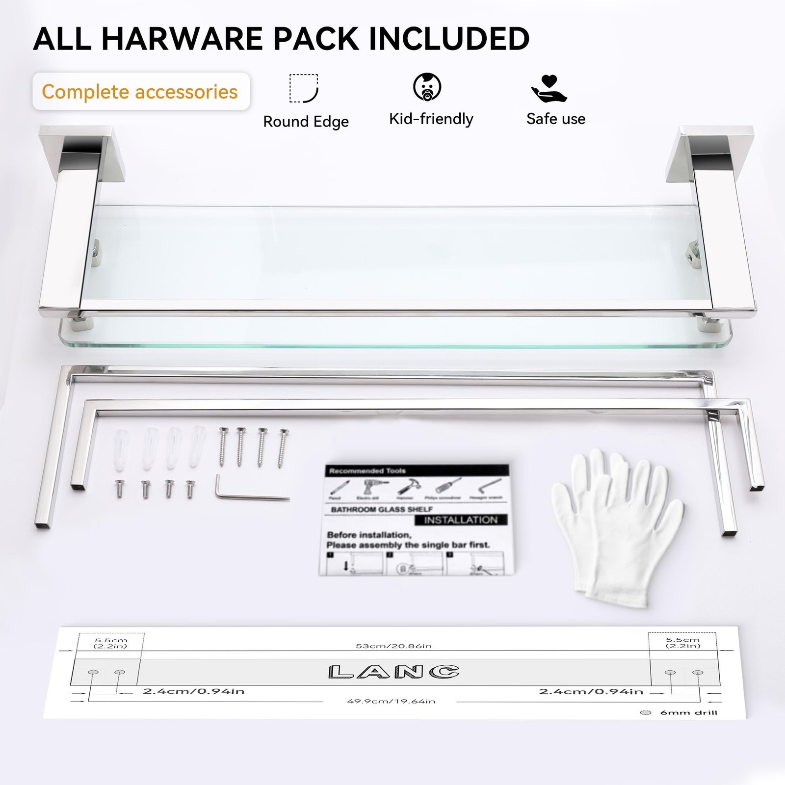 LANC Bathroom Shelf with Towel Bars – 20-Inch Silver Floating Tempered Glass …