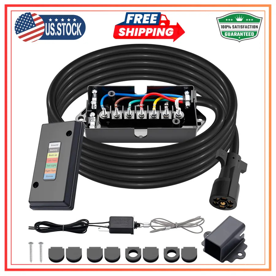 15FT 7 Way Trailer Wiring Harness Kit with Junction Box for RV Camper Trailer