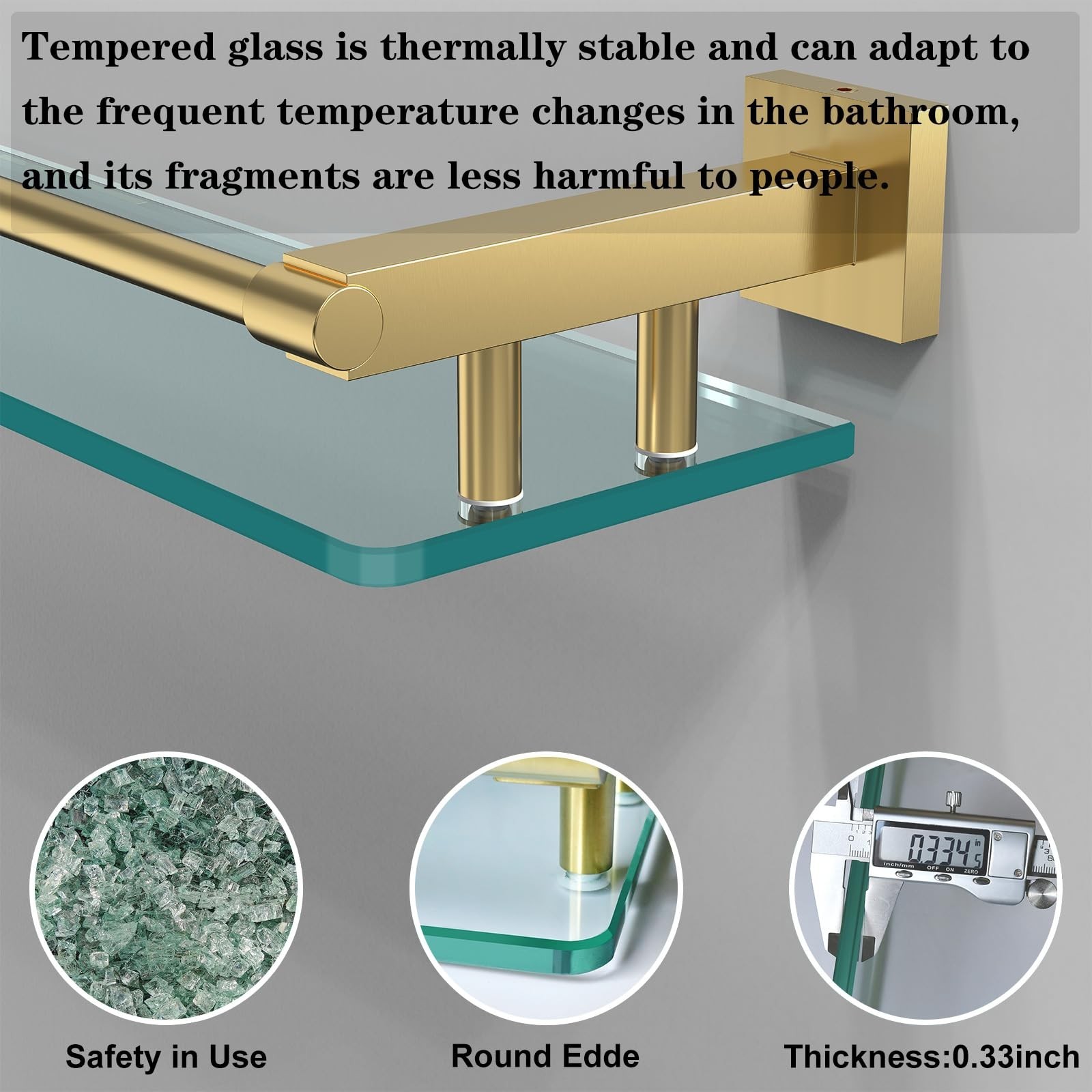 Glass Shelf for Bathroom, 20 Inch Tempered Glass with Brushed Gold Stainless …