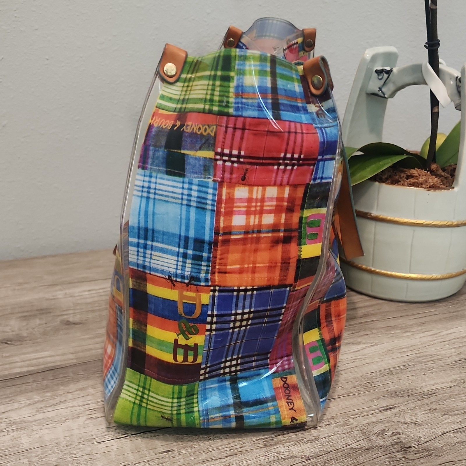 Dooney & Bourke Multicolor beach Tote Handbag vinyl with free pouch Rare Large