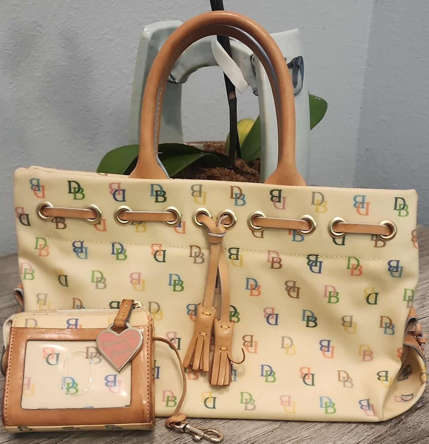 Dooney & Bourke Monogram Satchel Cream Multicolor Strap & matching coin wallet