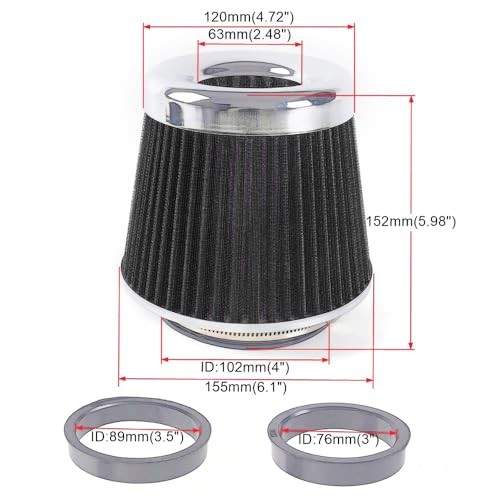 4-Inch Cold Air Intake Filter – Washable, High Performance, 3″ or 3 Short Black