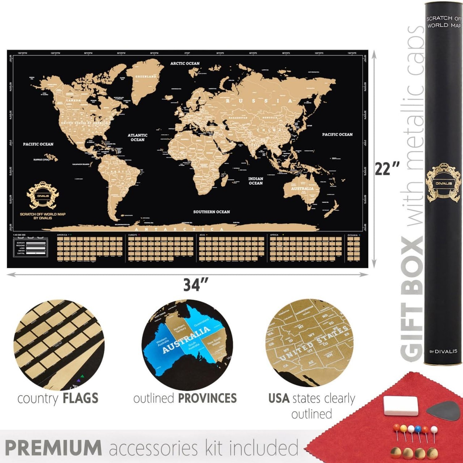 2 in 1 Gift Set – Scratch Off World Map and Europe Scratch off Map – Easy to …