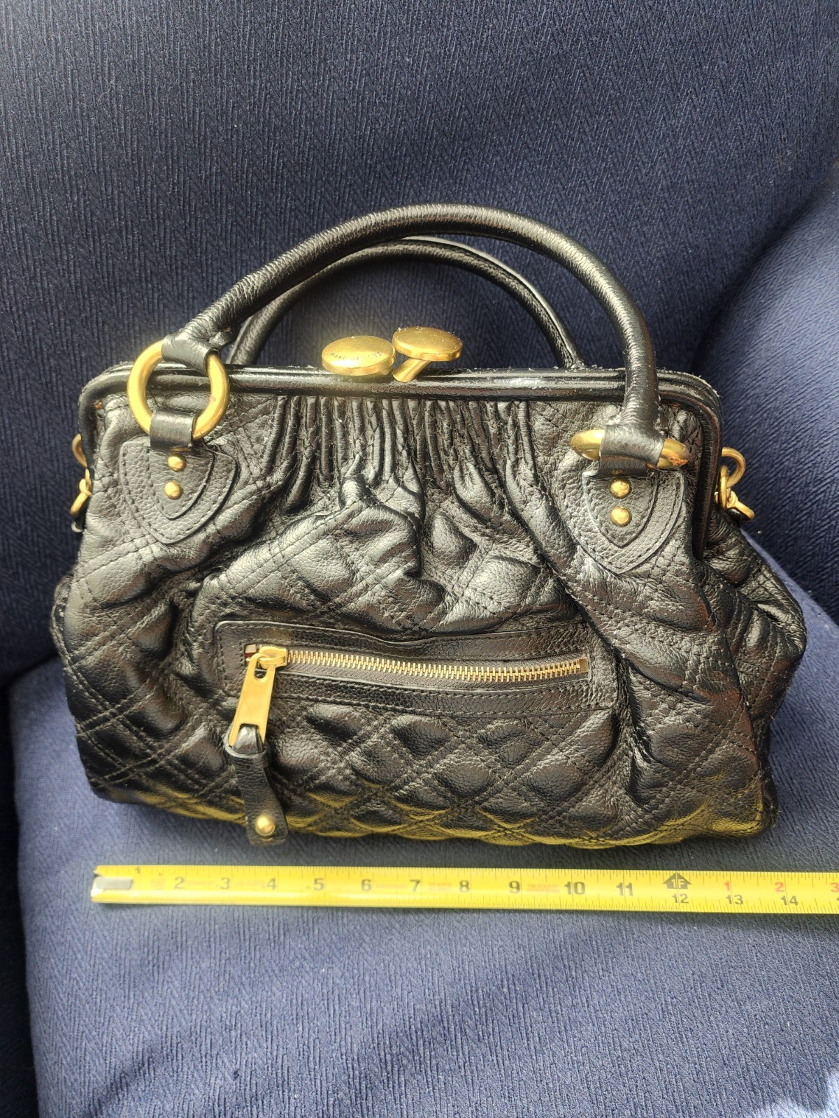 Marc Jacobs Black Quilted Satchel Gold Chain Hardware Designer Top Handle Italy